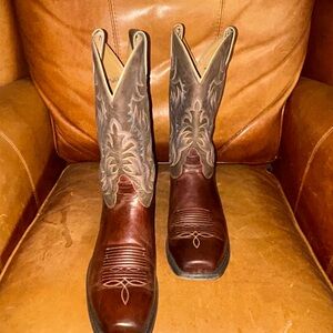 Nocona Two-Tone Brown Leather Western Boots with Embroidered Shaft